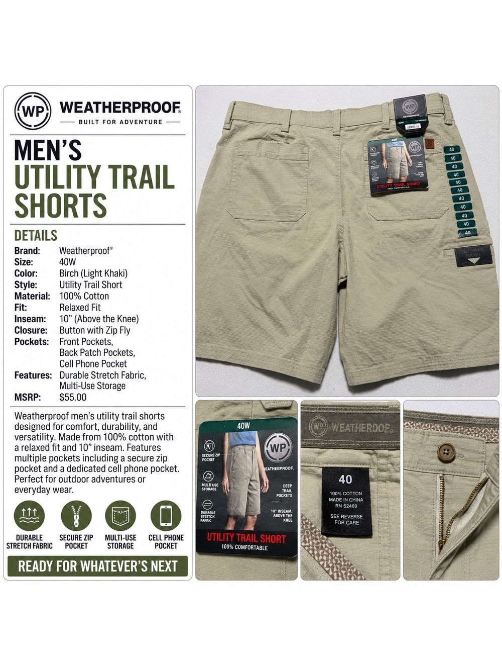 Weatherproof Utility Trail Shorts 40W Khaki